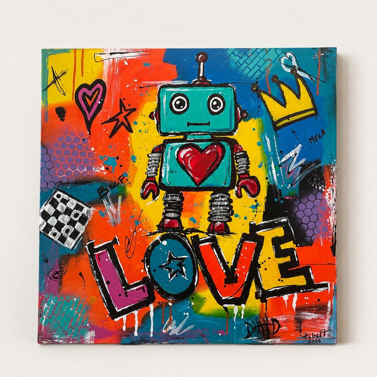Tableau Original Pop Art Robot Painting 80x80 cm, Colorful Acrylic Canvas, Signed Street Art Wall Decor – Love Robot par Tibert