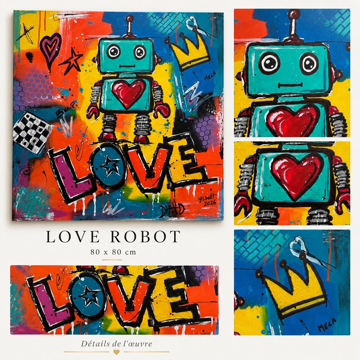 Détail du tableau Original Pop Art Robot Painting 80x80 cm, Colorful Acrylic Canvas, Signed Street Art Wall Decor – Love Robot