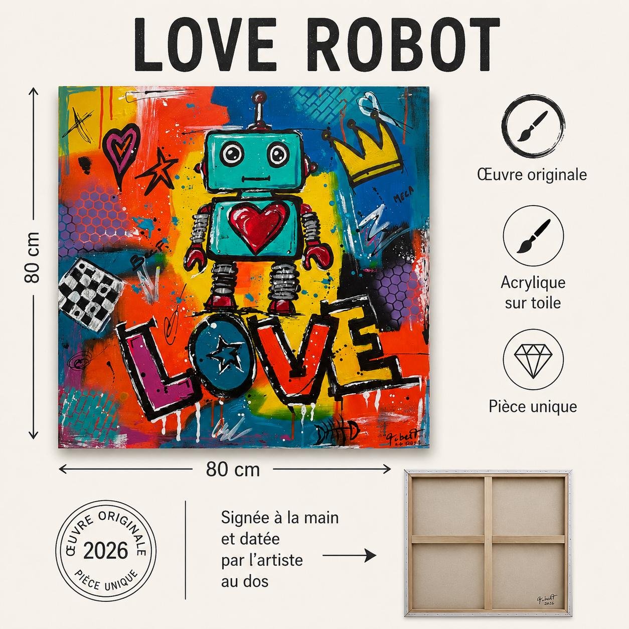 Détail du tableau Original Pop Art Robot Painting 80x80 cm, Colorful Acrylic Canvas, Signed Street Art Wall Decor – Love Robot