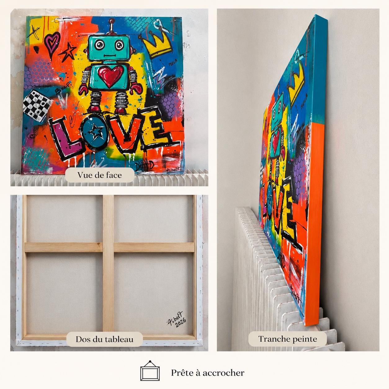 Détail du tableau Original Pop Art Robot Painting 80x80 cm, Colorful Acrylic Canvas, Signed Street Art Wall Decor – Love Robot