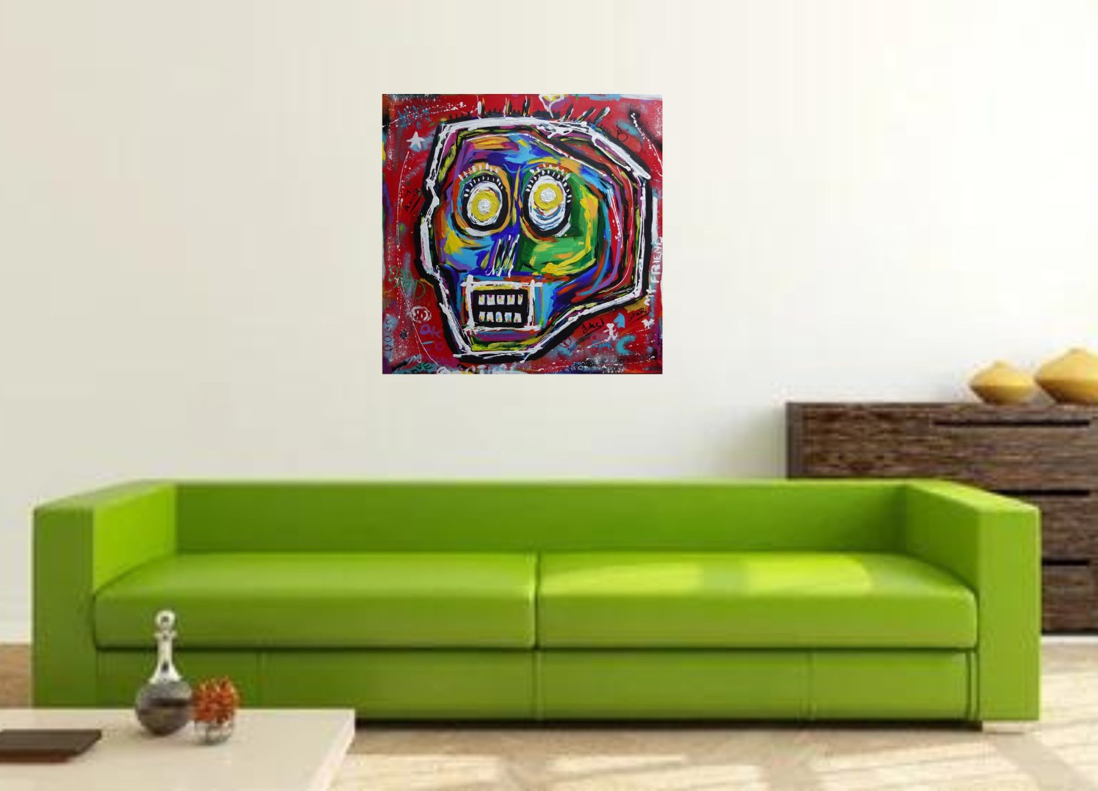 Détail du tableau Original Abstract Skull Painting 80x80 cm, Colorful Acrylic Canvas, Signed French Wall Art – BASKULL