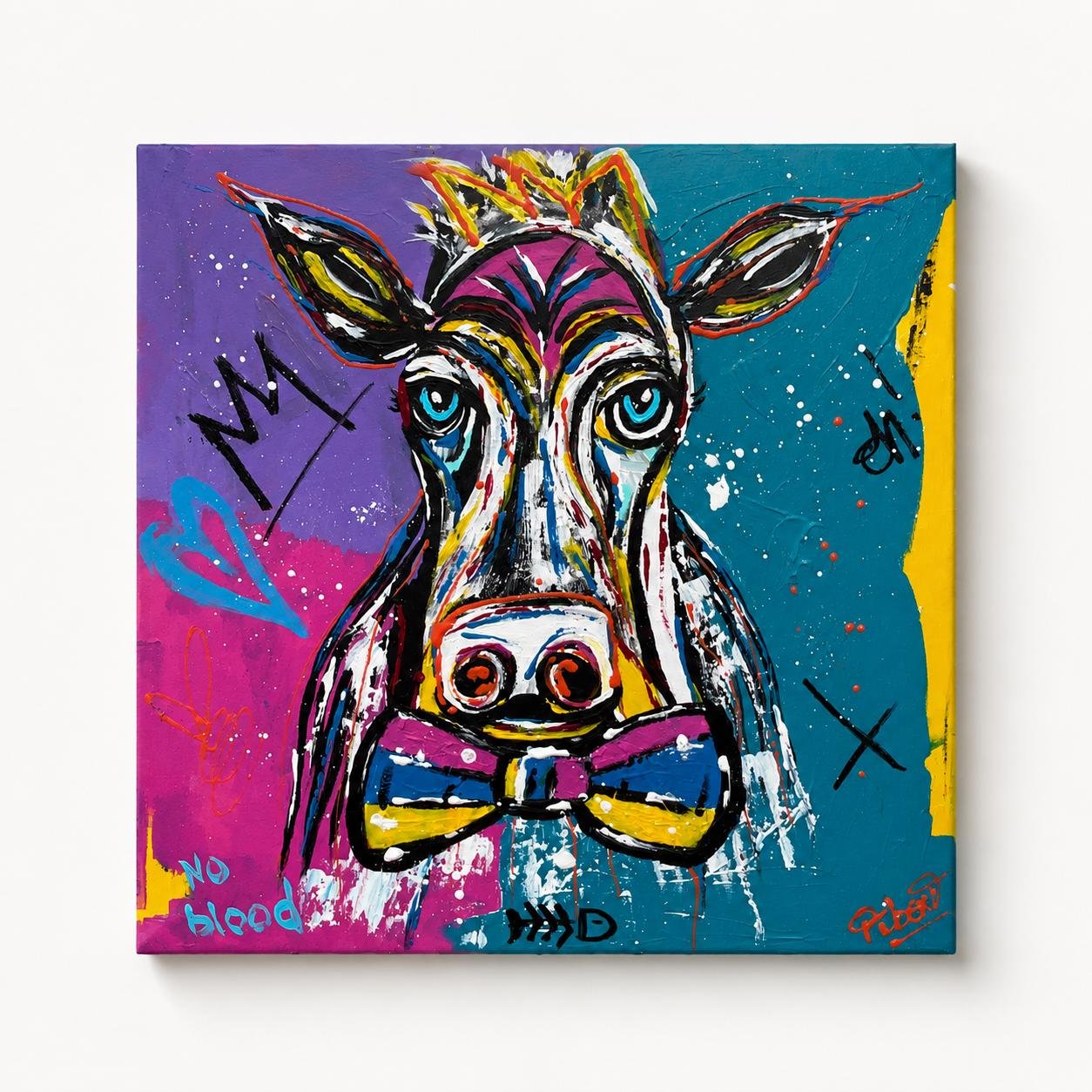 Détail du tableau Madame Meuh Tableau vache pop art coloré 50 x 50 cm, peinture acrylique originale sur toile, art animalier signé Tibert