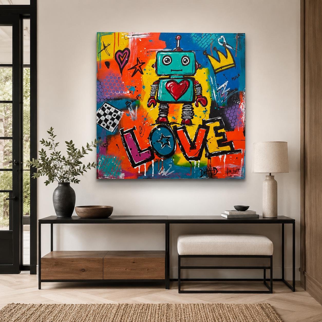 Détail du tableau Original Pop Art Robot Painting 80x80 cm, Colorful Acrylic Canvas, Signed Street Art Wall Decor – Love Robot