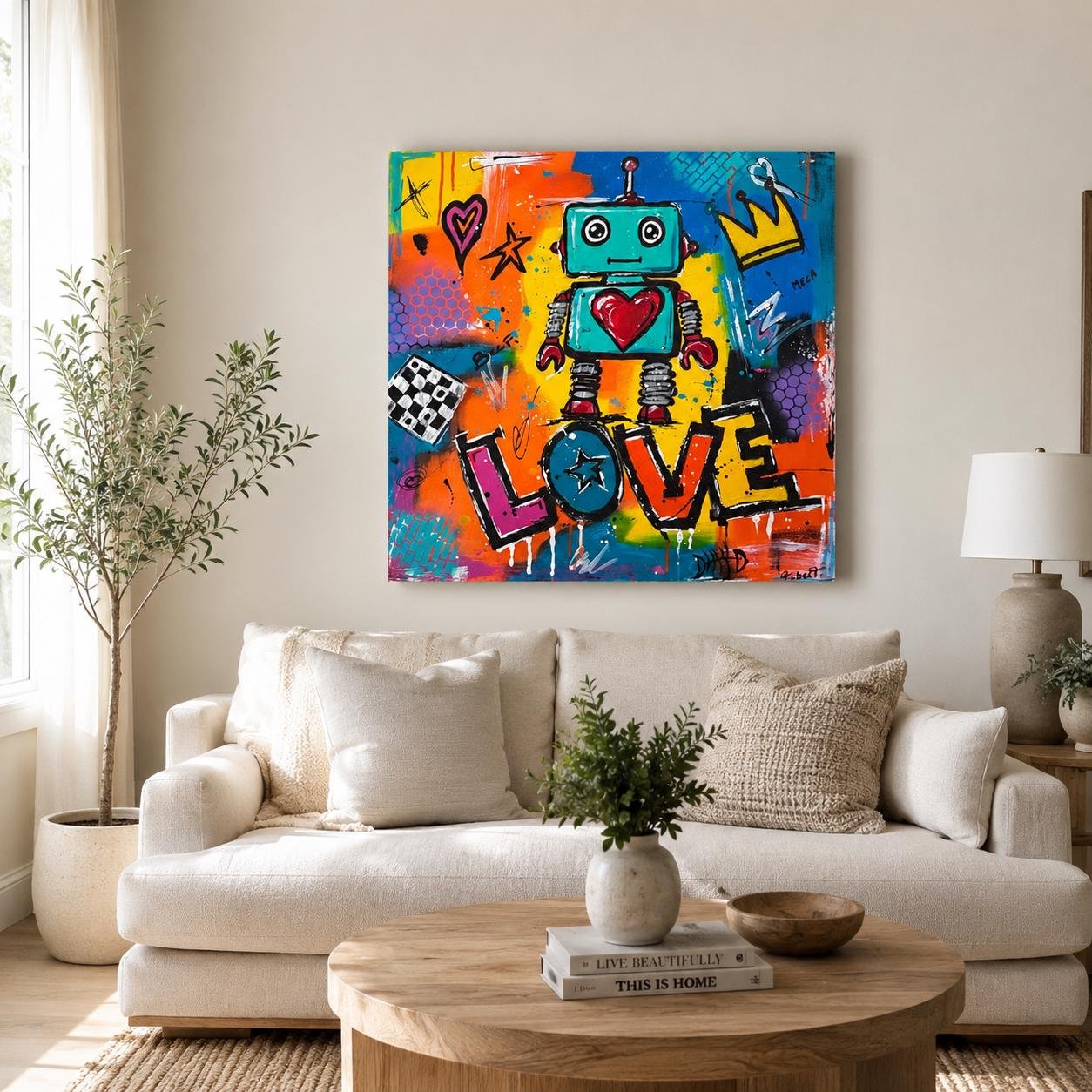 Détail du tableau Original Pop Art Robot Painting 80x80 cm, Colorful Acrylic Canvas, Signed Street Art Wall Decor – Love Robot