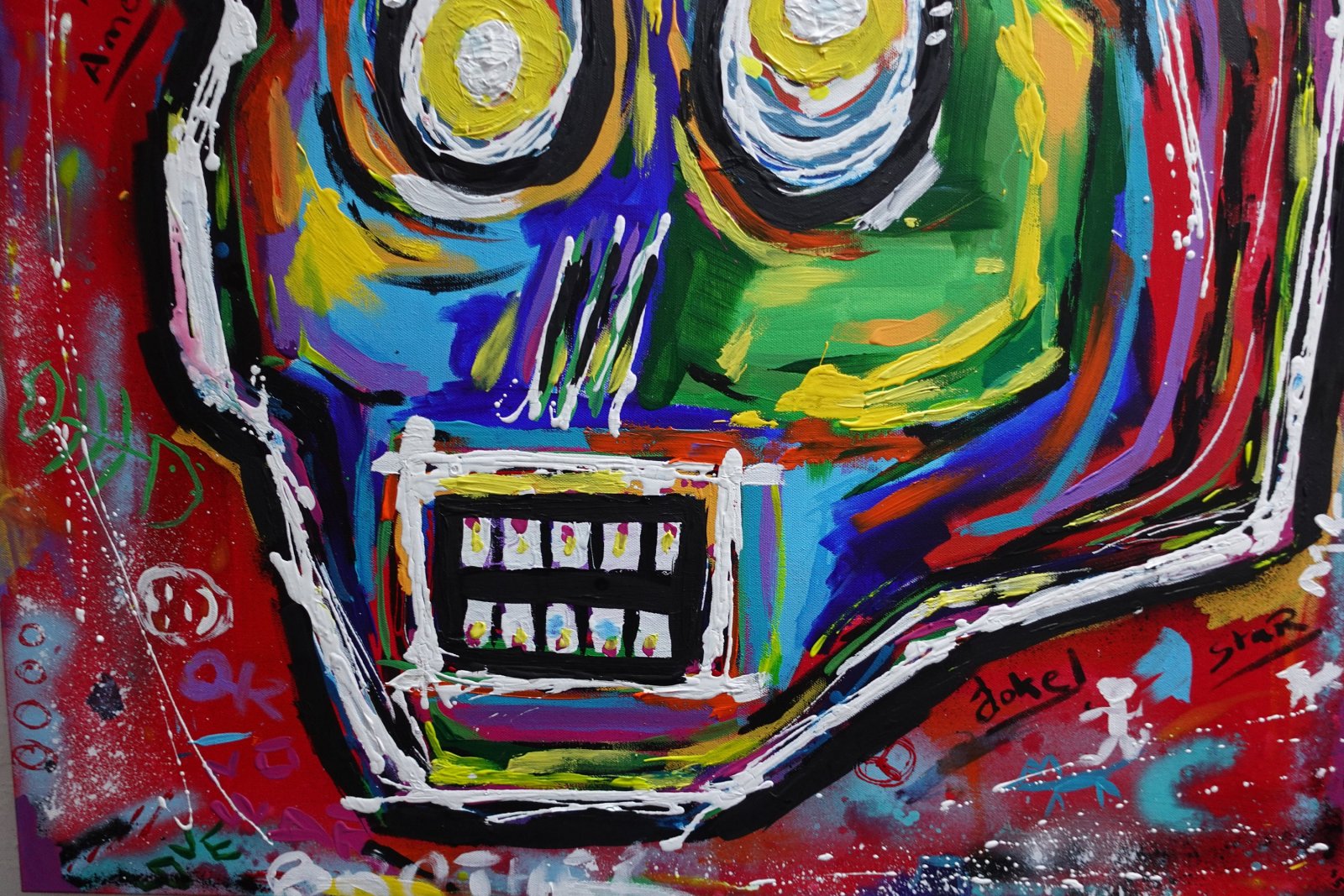 Détail du tableau Original Abstract Skull Painting 80x80 cm, Colorful Acrylic Canvas, Signed French Wall Art – BASKULL