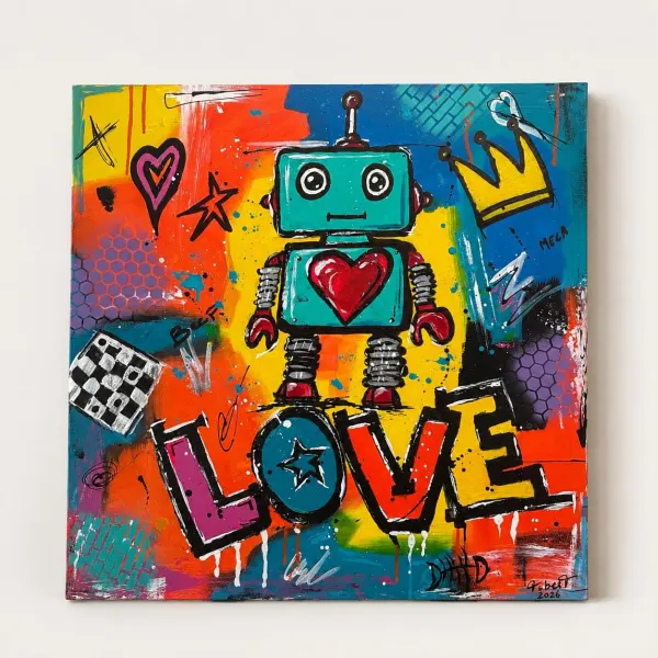 Tableau Original Pop Art Robot Painting 80x80 cm, Colorful Acrylic Canvas, Signed Street Art Wall Decor – Love Robot par Tibert