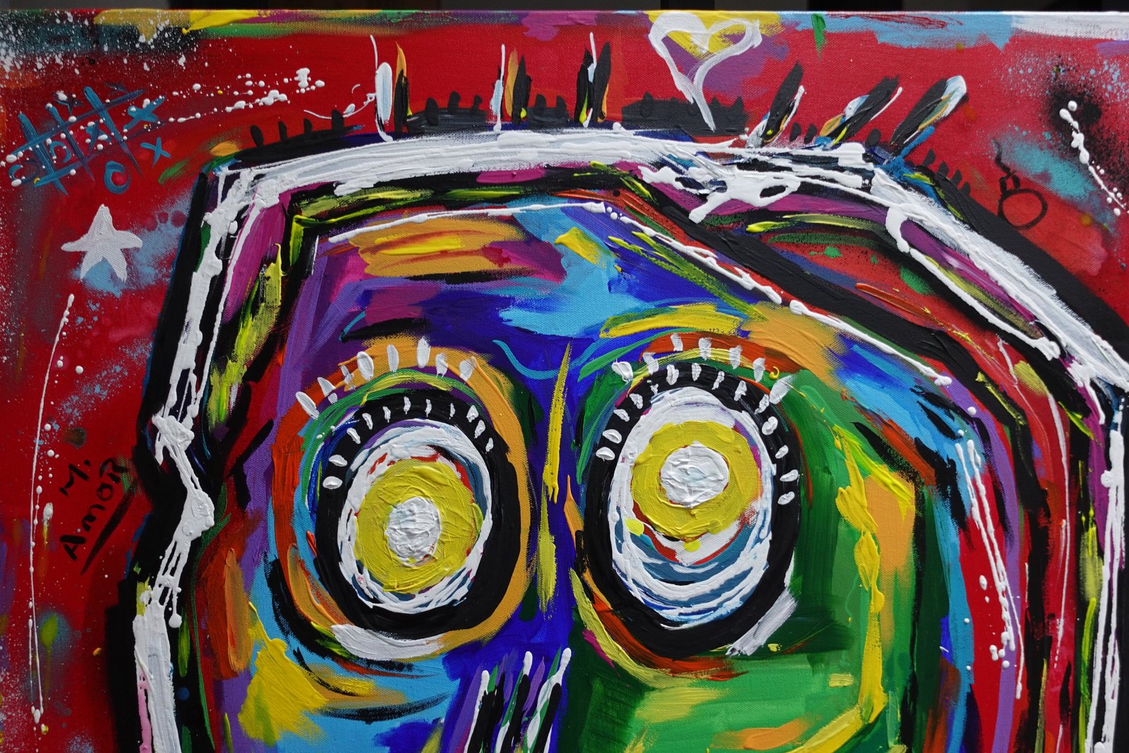 Détail du tableau Original Abstract Skull Painting 80x80 cm, Colorful Acrylic Canvas, Signed French Wall Art – BASKULL