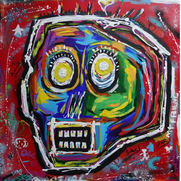 Tableau Original Abstract Skull Painting 80x80 cm, Colorful Acrylic Canvas, Signed French Wall Art – BASKULL par Tibert
