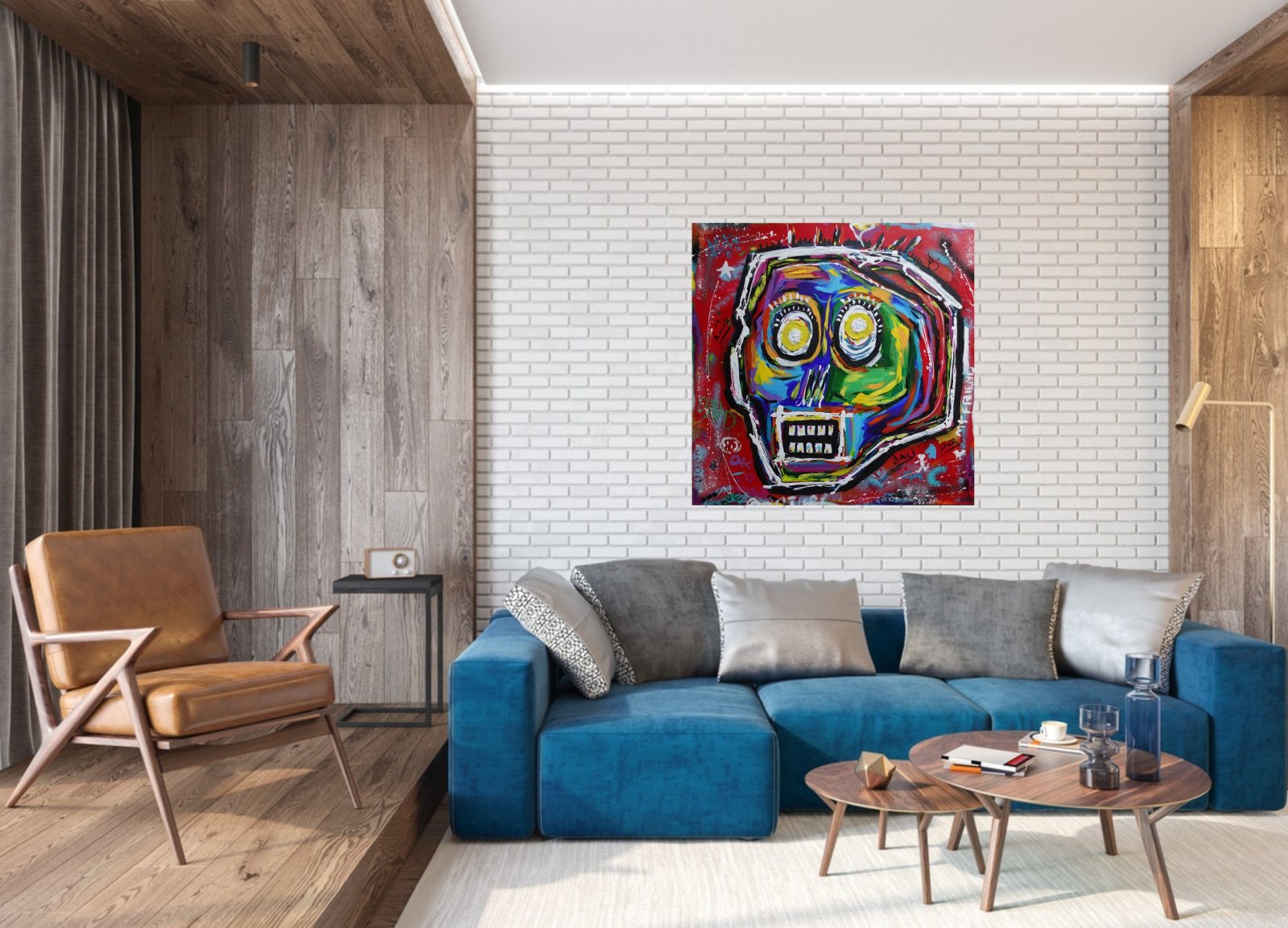 Détail du tableau Original Abstract Skull Painting 80x80 cm, Colorful Acrylic Canvas, Signed French Wall Art – BASKULL