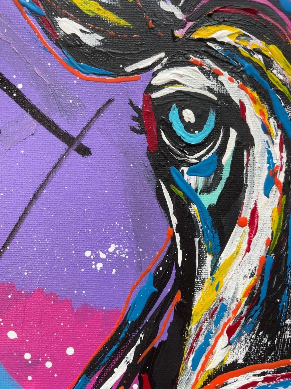 Détail du tableau Madame Meuh Tableau vache pop art coloré 50 x 50 cm, peinture acrylique originale sur toile, art animalier signé Tibert