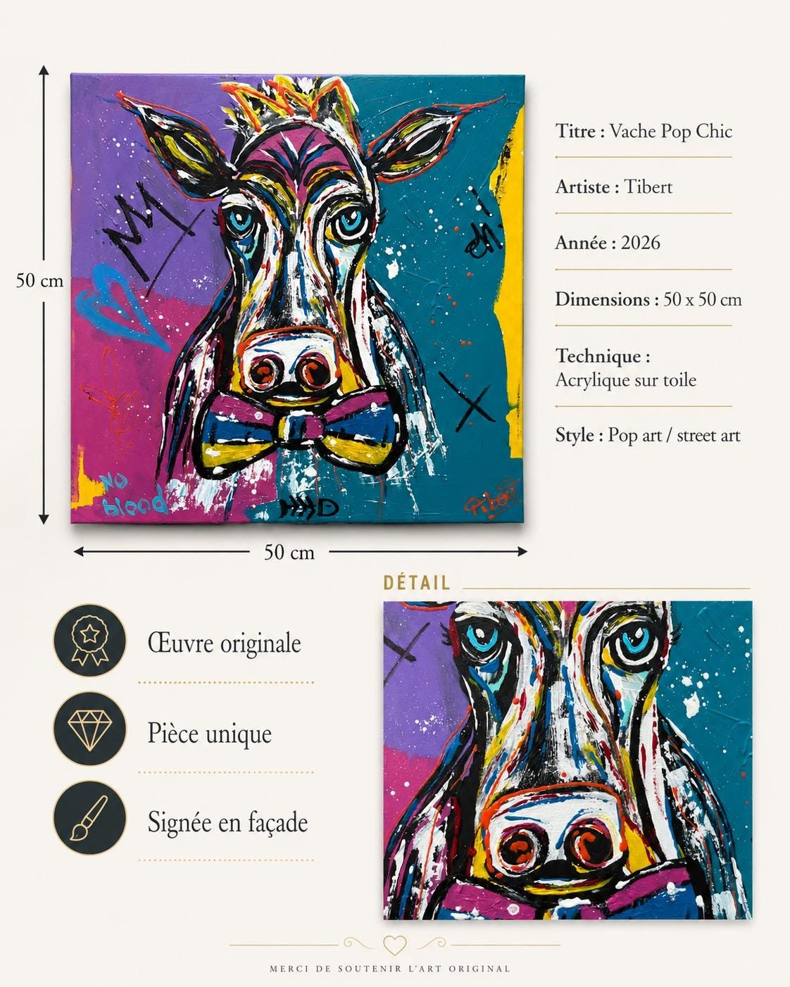 Détail du tableau Madame Meuh Tableau vache pop art coloré 50 x 50 cm, peinture acrylique originale sur toile, art animalier signé Tibert