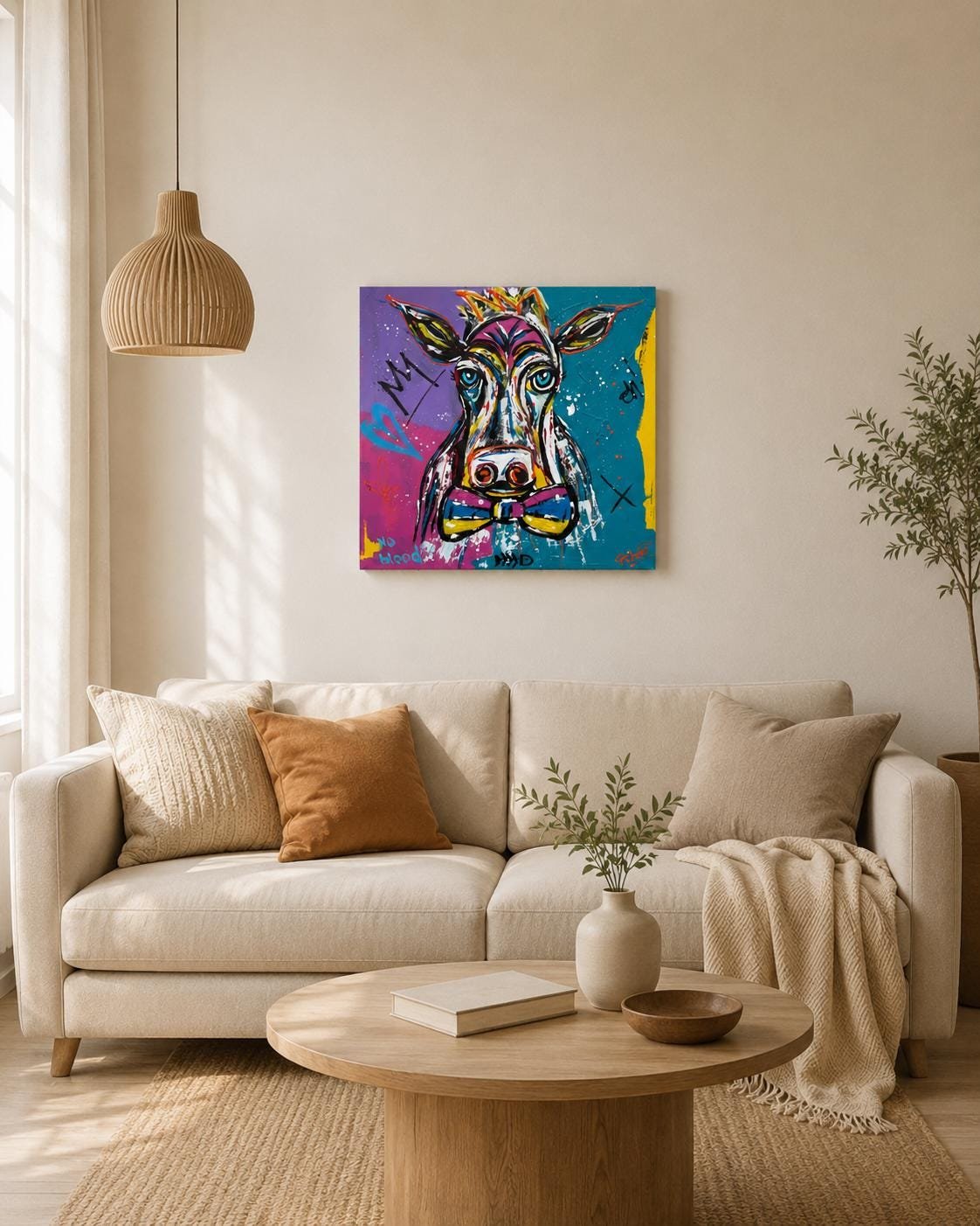 Détail du tableau Madame Meuh Tableau vache pop art coloré 50 x 50 cm, peinture acrylique originale sur toile, art animalier signé Tibert