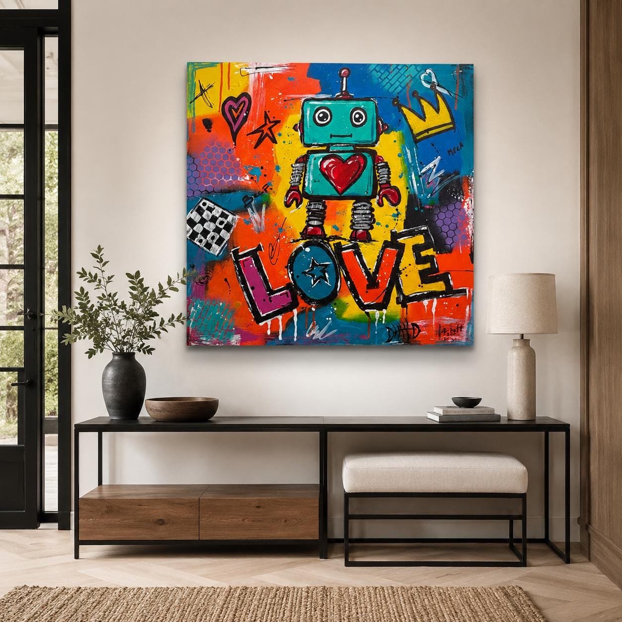 Détail du tableau Original Pop Art Robot Painting 80x80 cm, Colorful Acrylic Canvas, Signed Street Art Wall Decor – Love Robot
