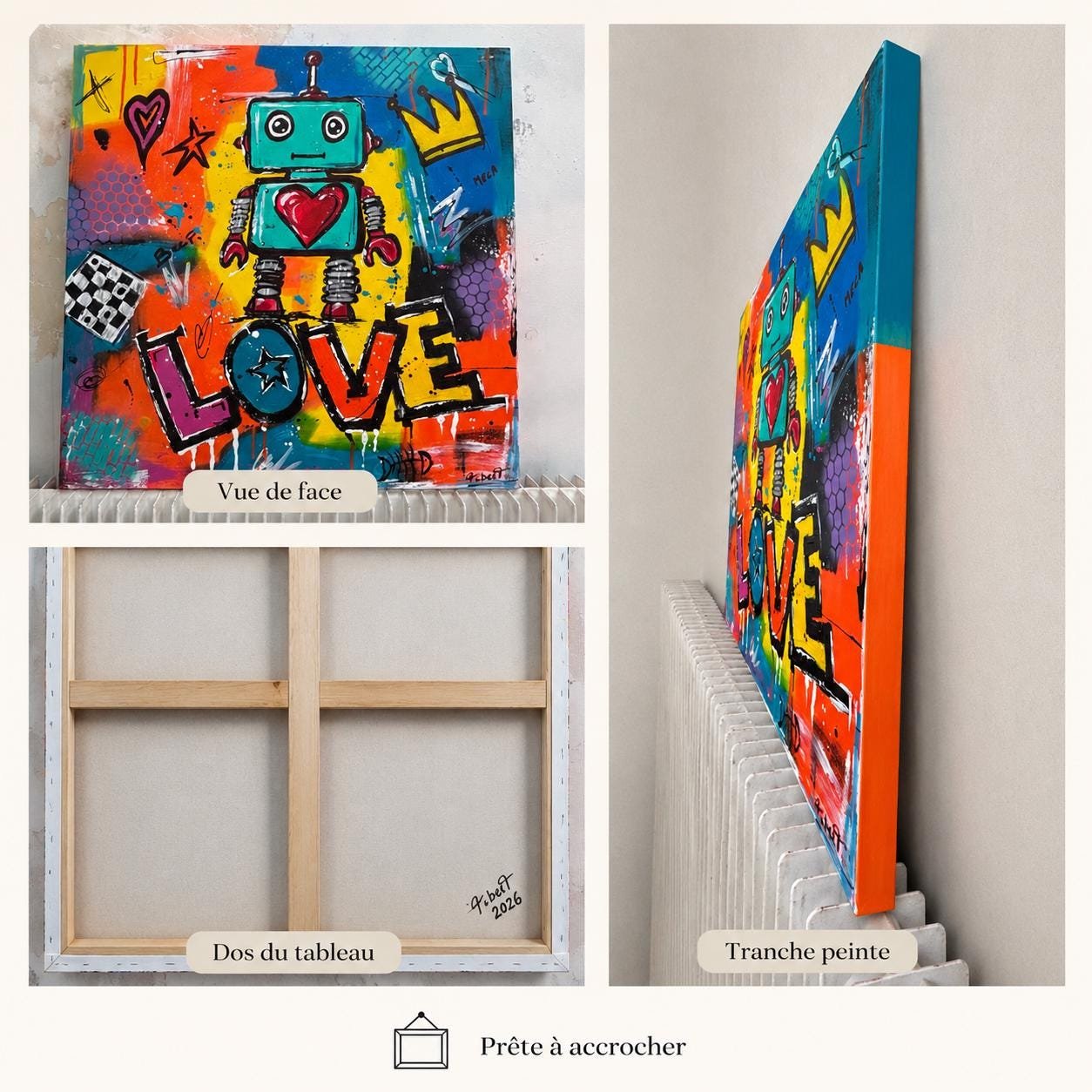 Détail du tableau Original Pop Art Robot Painting 80x80 cm, Colorful Acrylic Canvas, Signed Street Art Wall Decor – Love Robot