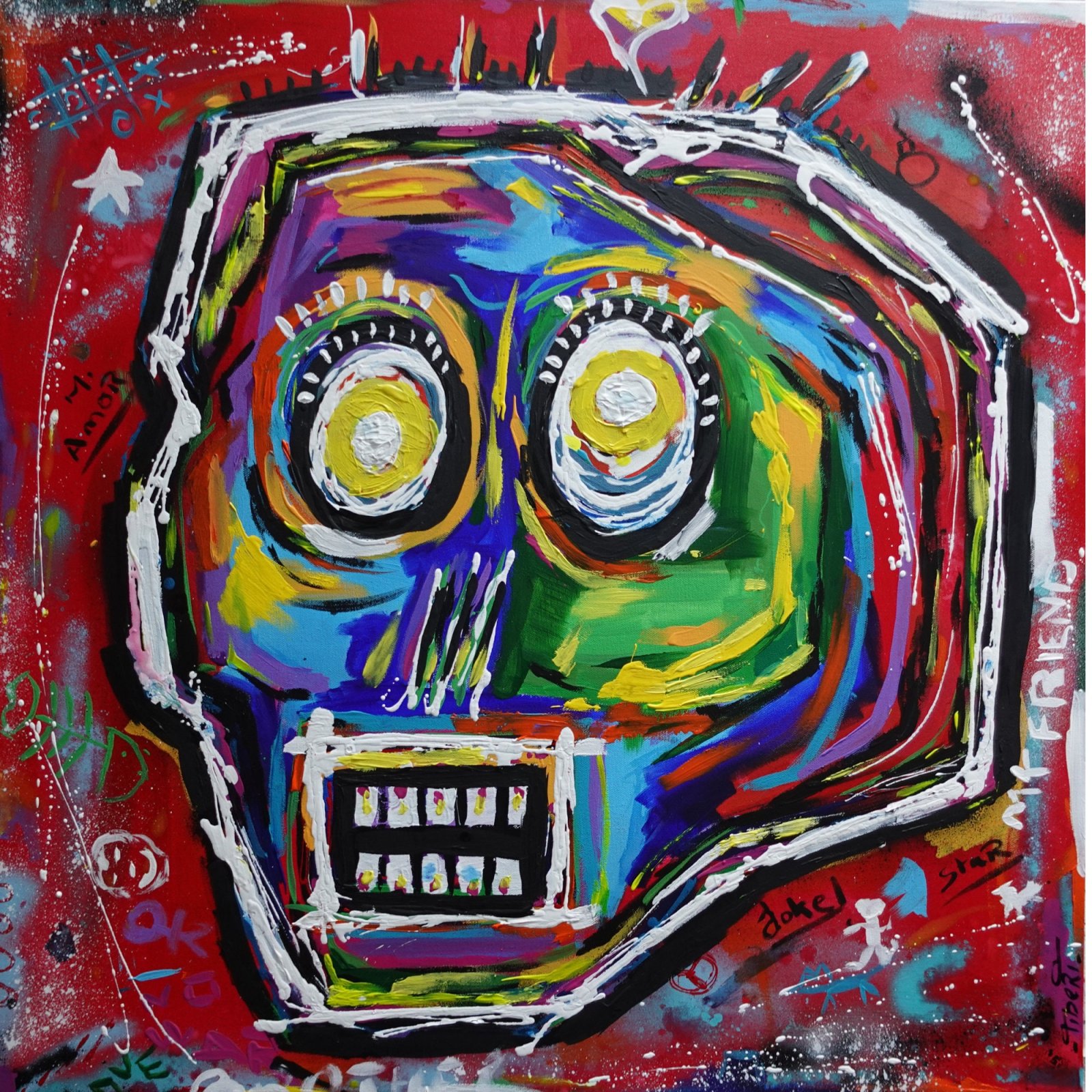 Tableau Original Abstract Skull Painting 80x80 cm, Colorful Acrylic Canvas, Signed French Wall Art – BASKULL par Tibert