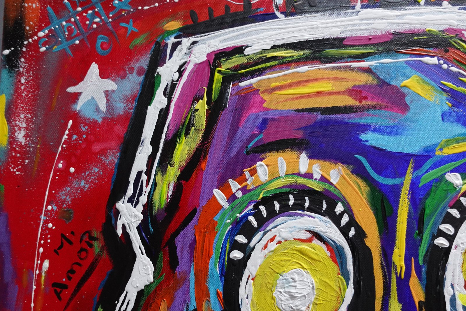 Détail du tableau Original Abstract Skull Painting 80x80 cm, Colorful Acrylic Canvas, Signed French Wall Art – BASKULL