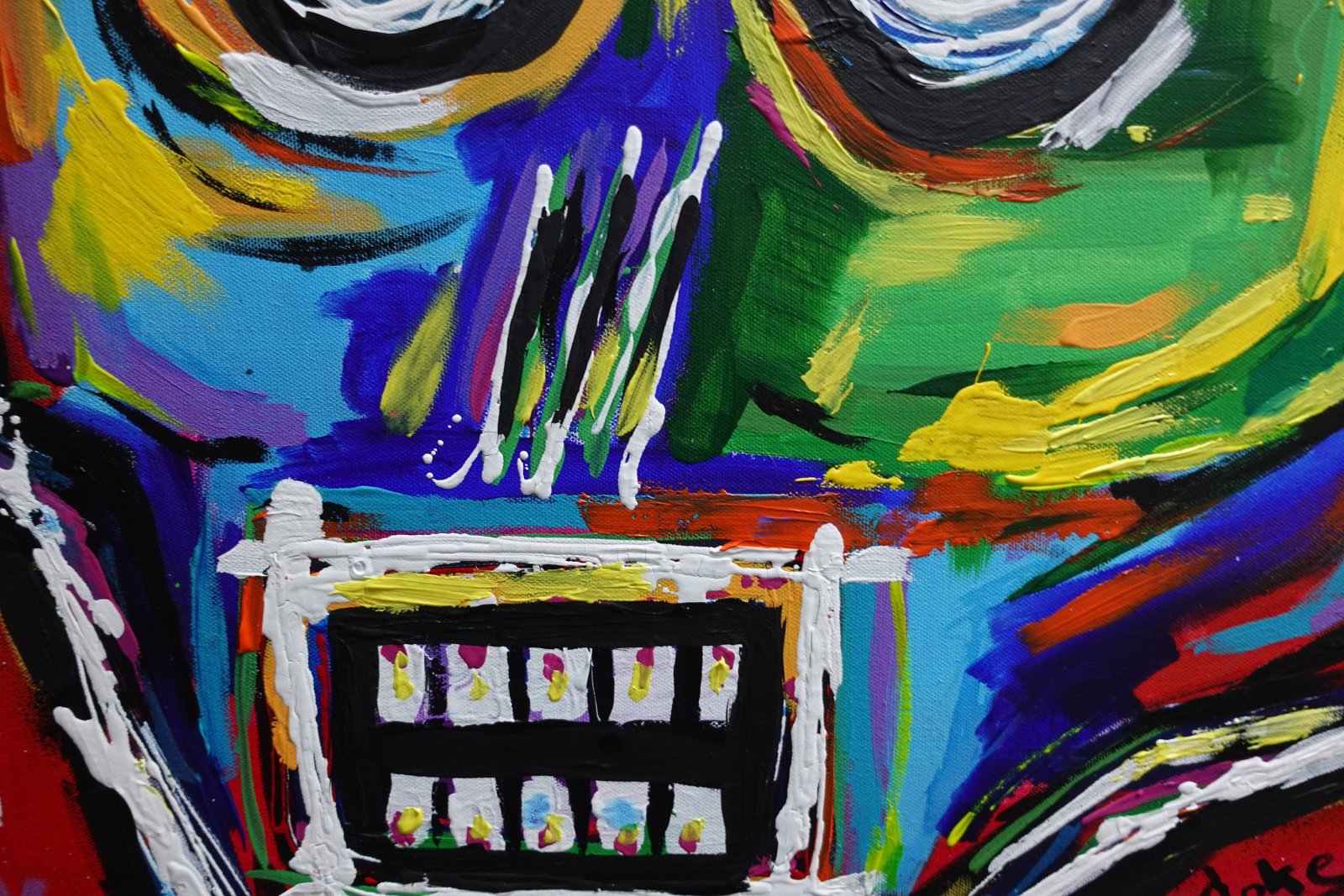 Détail du tableau Original Abstract Skull Painting 80x80 cm, Colorful Acrylic Canvas, Signed French Wall Art – BASKULL